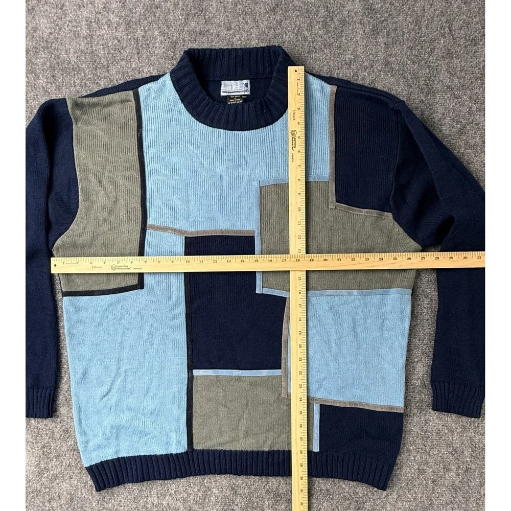 Raw Blue Nu Realms Mens VTG 2XL Acrylic Colorblock Patchwork Sweater Crew‎ Neck